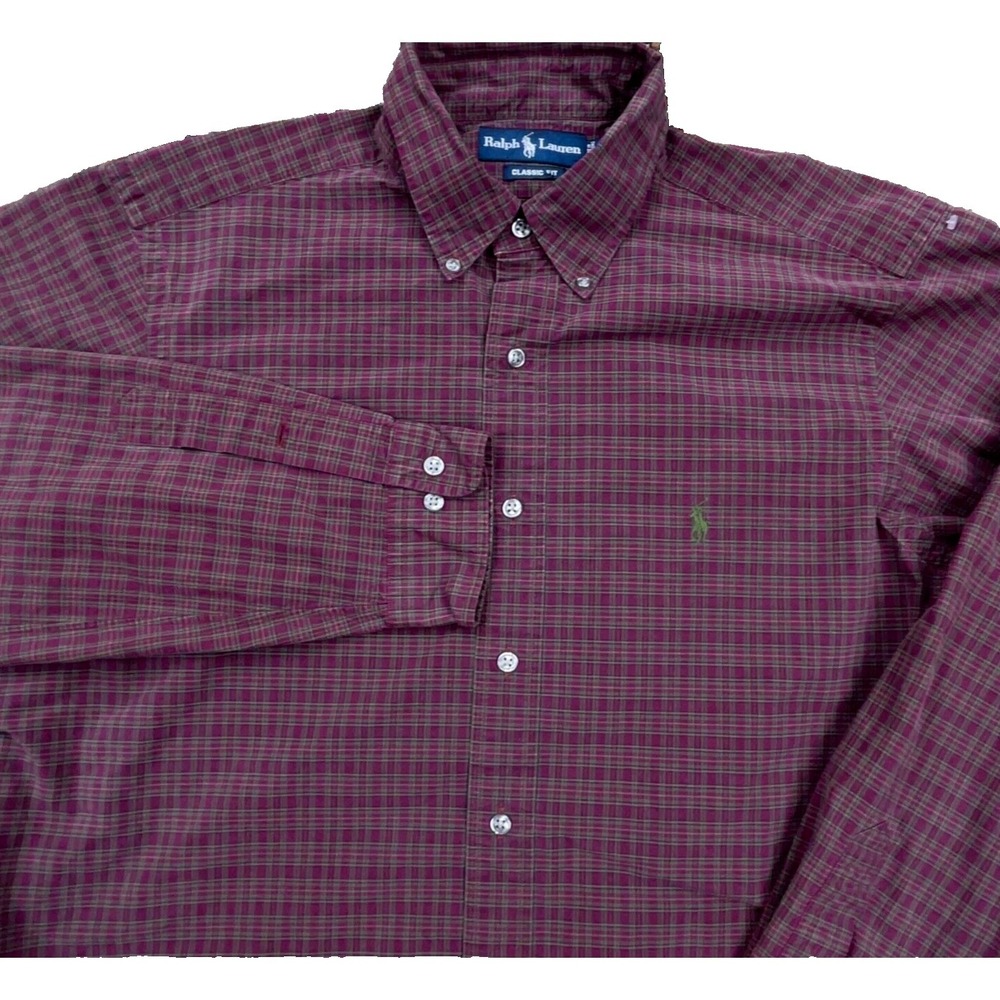 Ralph Lauren Shirt Men Large Maroon Green Button Up Classic Fit Dress Plaid